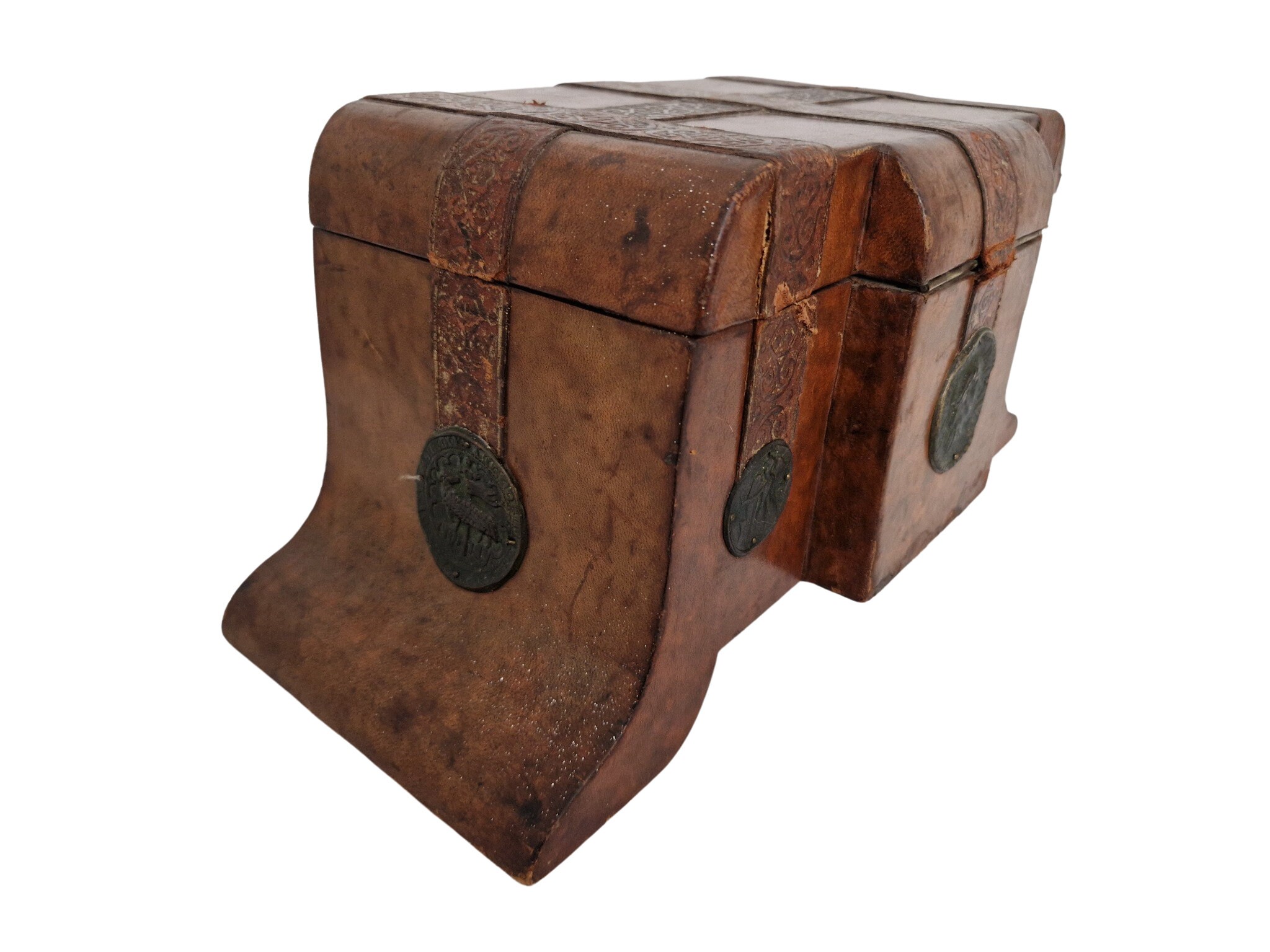 French Antique Leather Candy Box with Medals and Coins by La Marquise