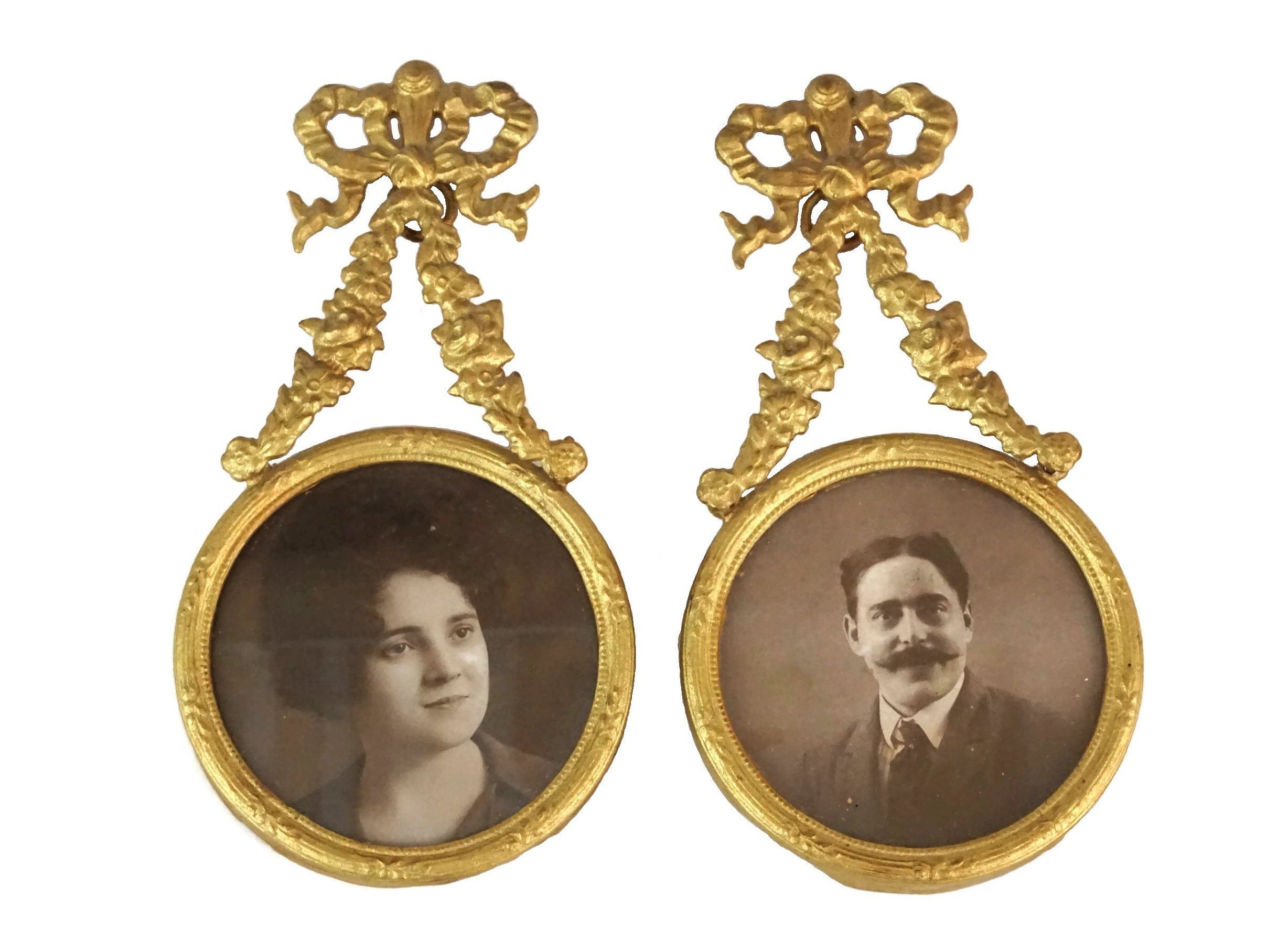 Antique French Miniature Photo Frames, Pair of Gilt Wall Hanging Medallions