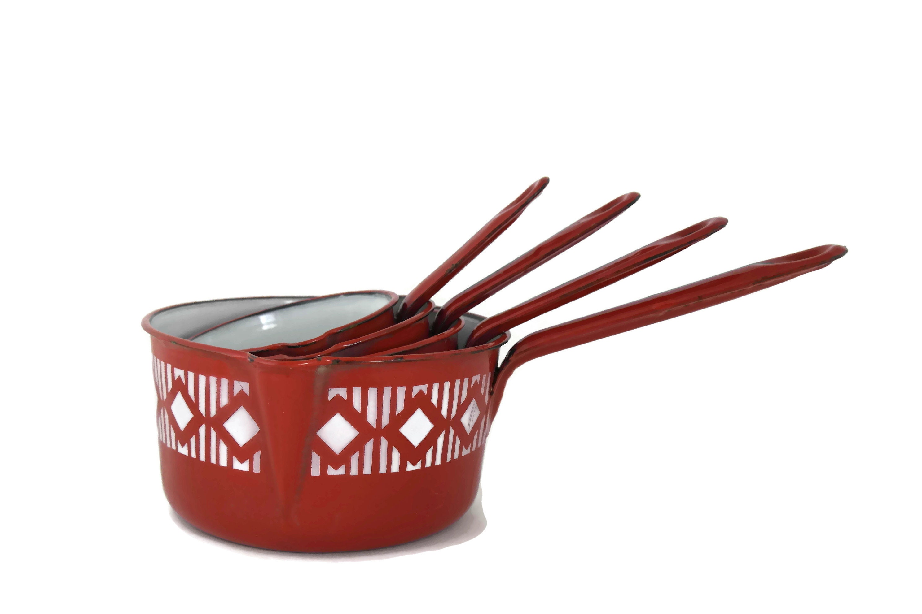French Enamel Red Saucepan Set, Art Deco Kitchen Decor, Vintage Foodie