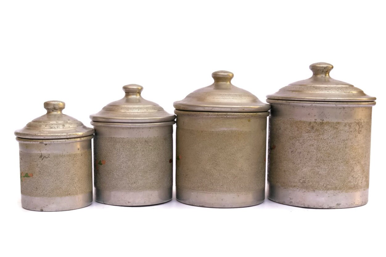Shabby French Kitchen Canister Set. Vintage French Aluminum Kitchen Containers. Flour Canister.
