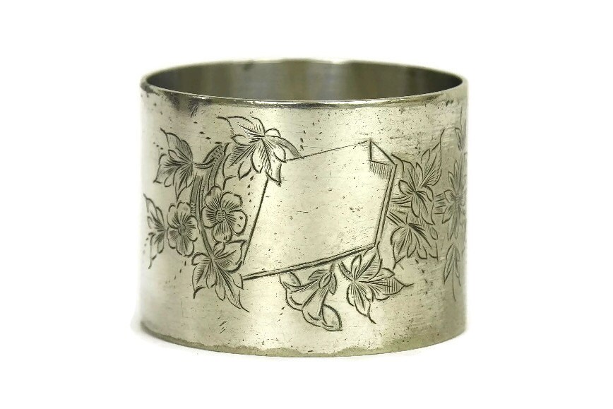 French Antique Silver Napkin Ring with Engraved Flowers.