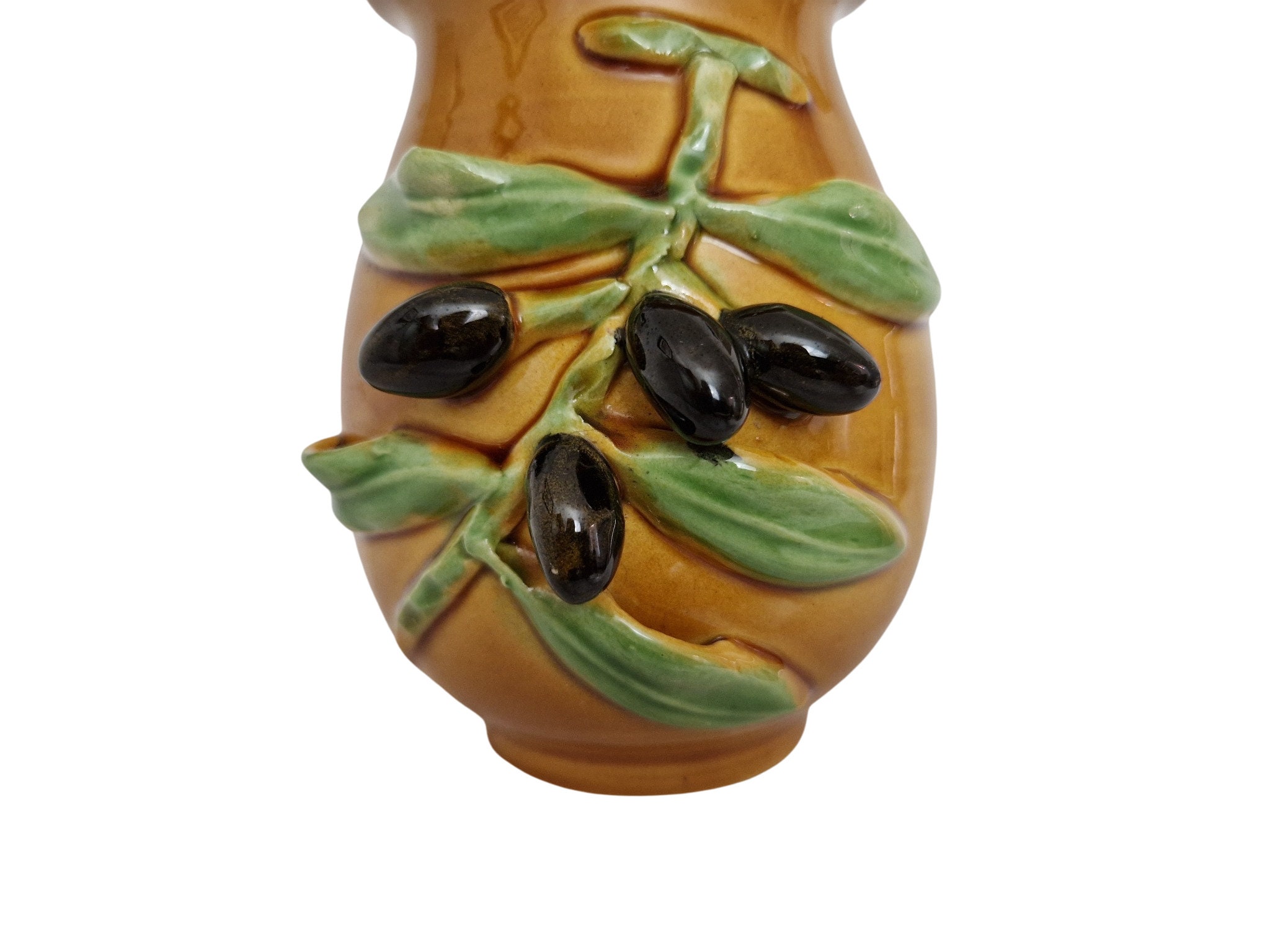 French Majolica Olive Jar with Wooden Ladle Spoon by Vallauris
