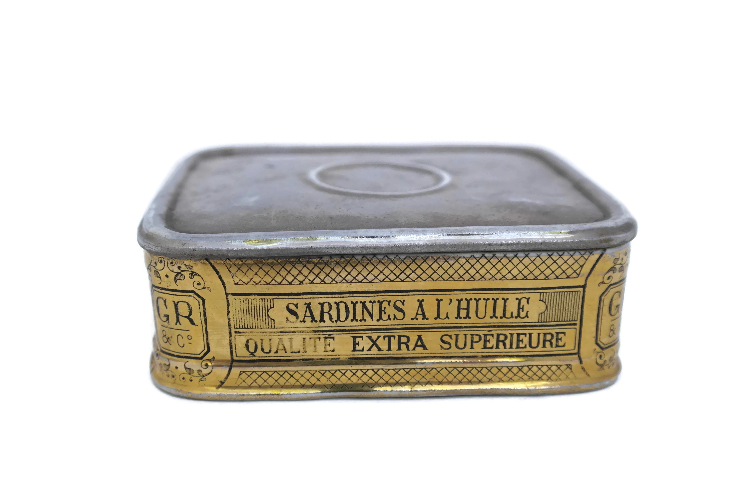 French Antique Porcelain Sardines in Oil Box. Trompe L'oeil Ceramic