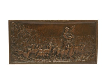French Bronze Medal with Shepherdess and Sheep, Antique Military Carrier Pigeon Award Plaque