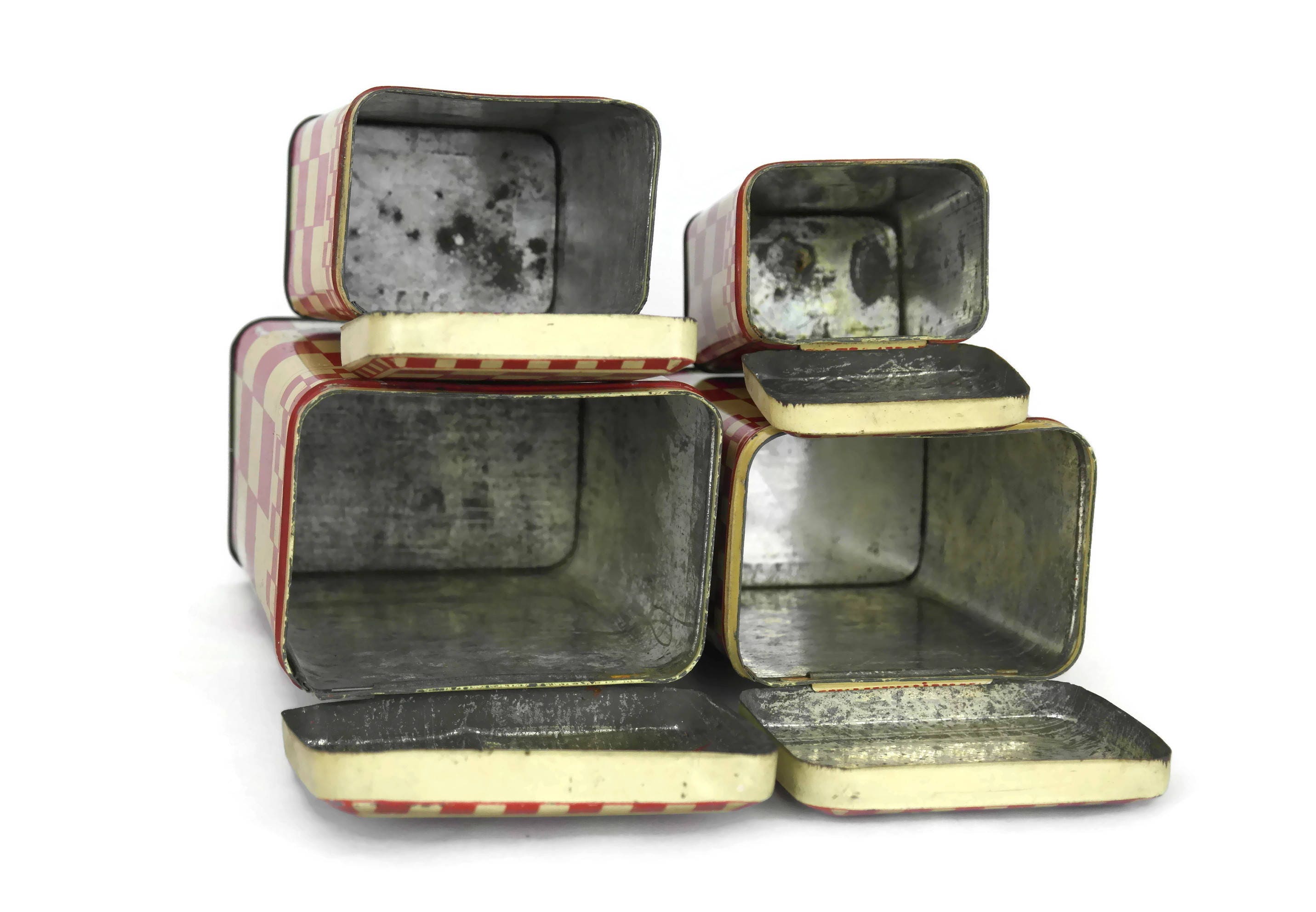 French Vintage Red Kitchen Canisters. Set of 4 Red Checkerboard