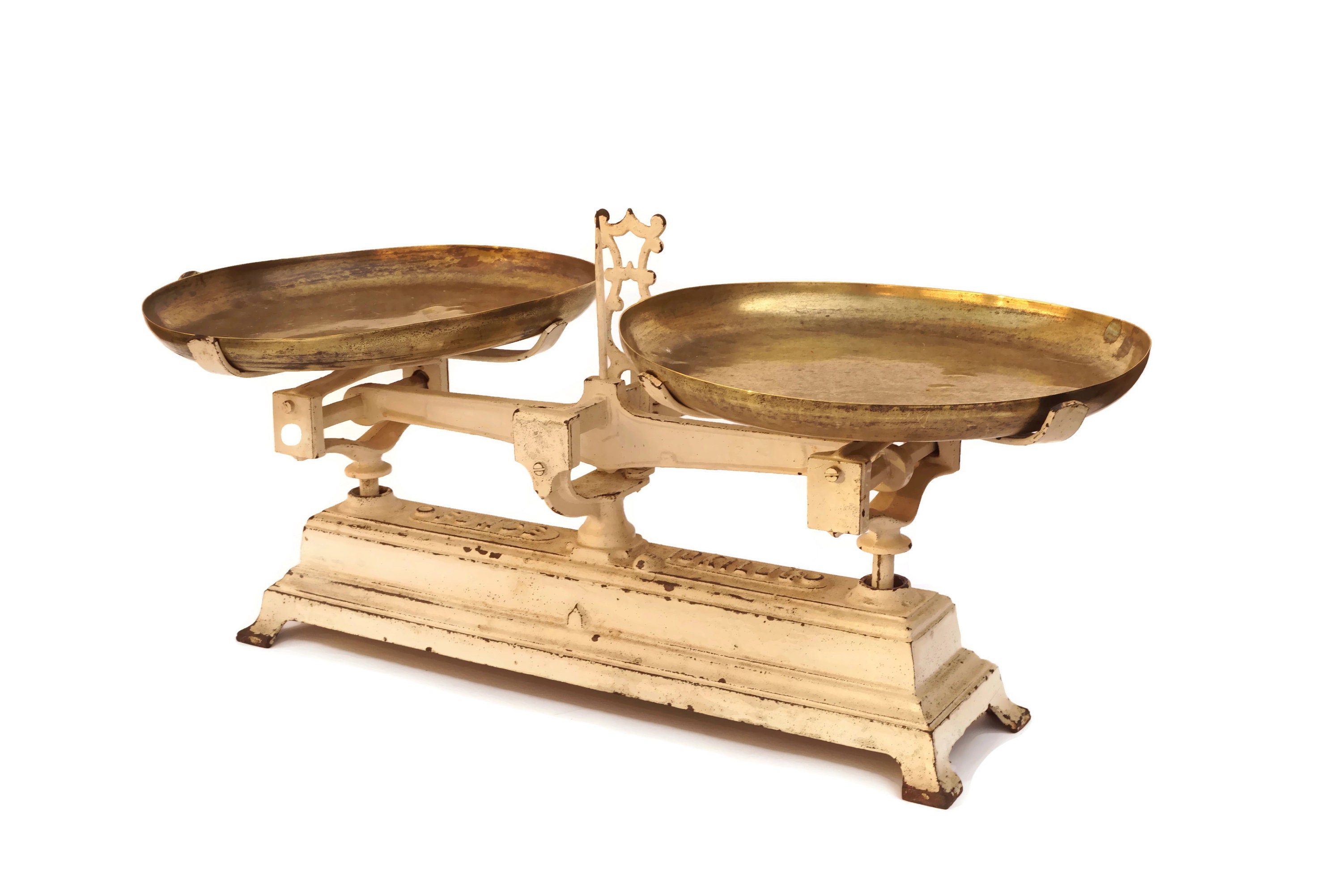 Antique Cast Iron Scales with Brass Pans, French Market Scale Balance