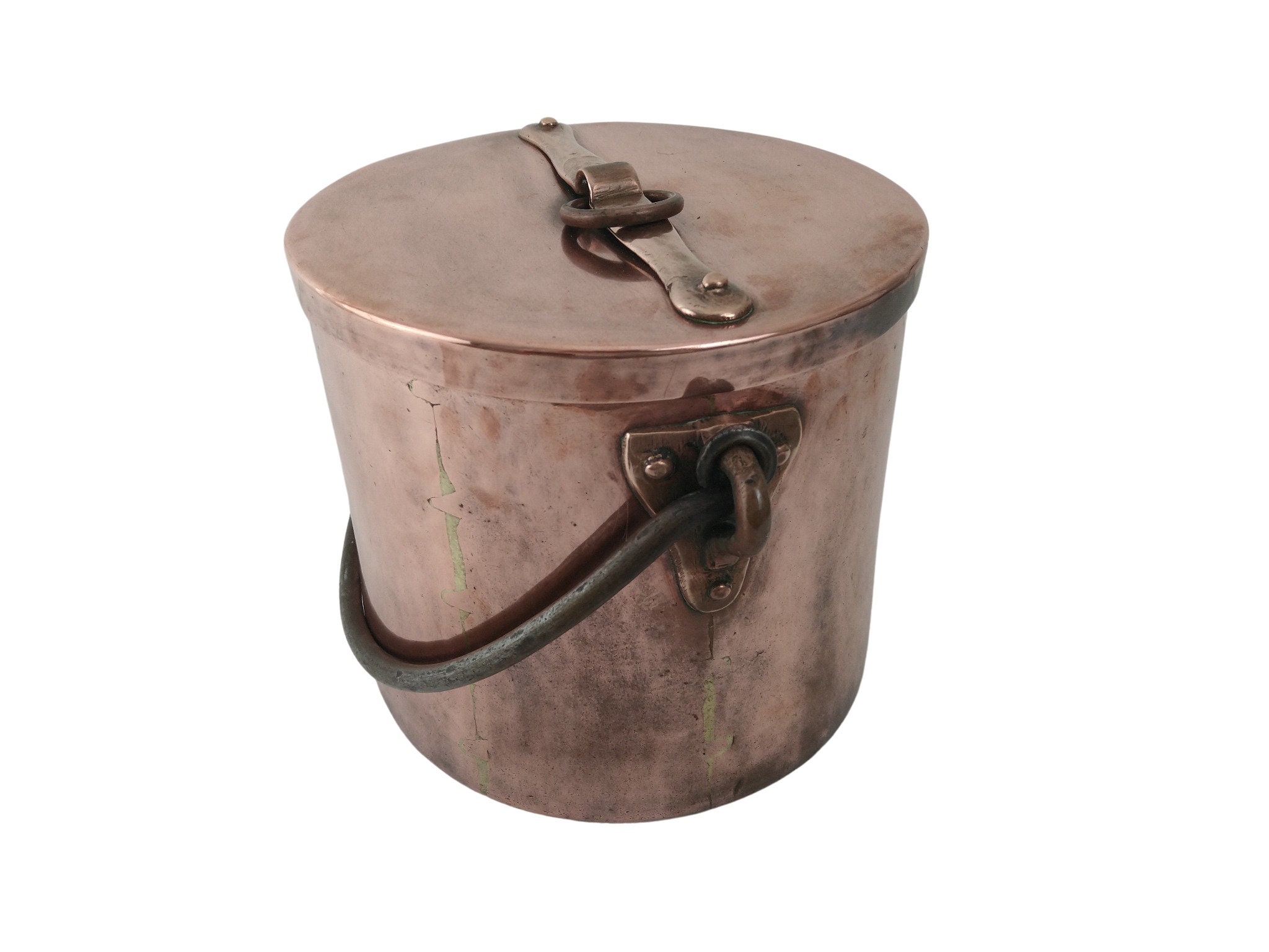 Antique French Copper Cauldron with Lid, Rustic Country Kitchen Cookware and Decor