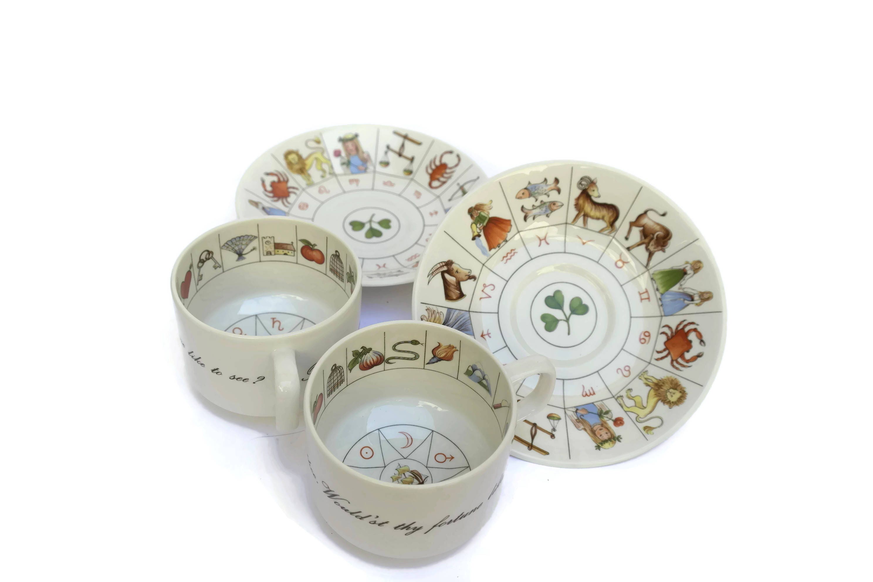 Pair of Vintage Royal Kendal Zodiac Tea Leaf Reading Cups and Saucers