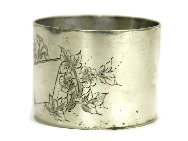 French Antique Silver Napkin Ring with Engraved Flowers.