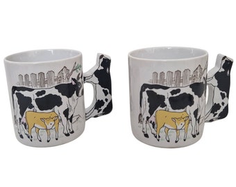 French Porcelain Coffee Mugs with Cow Handles and Decor, Set of 2