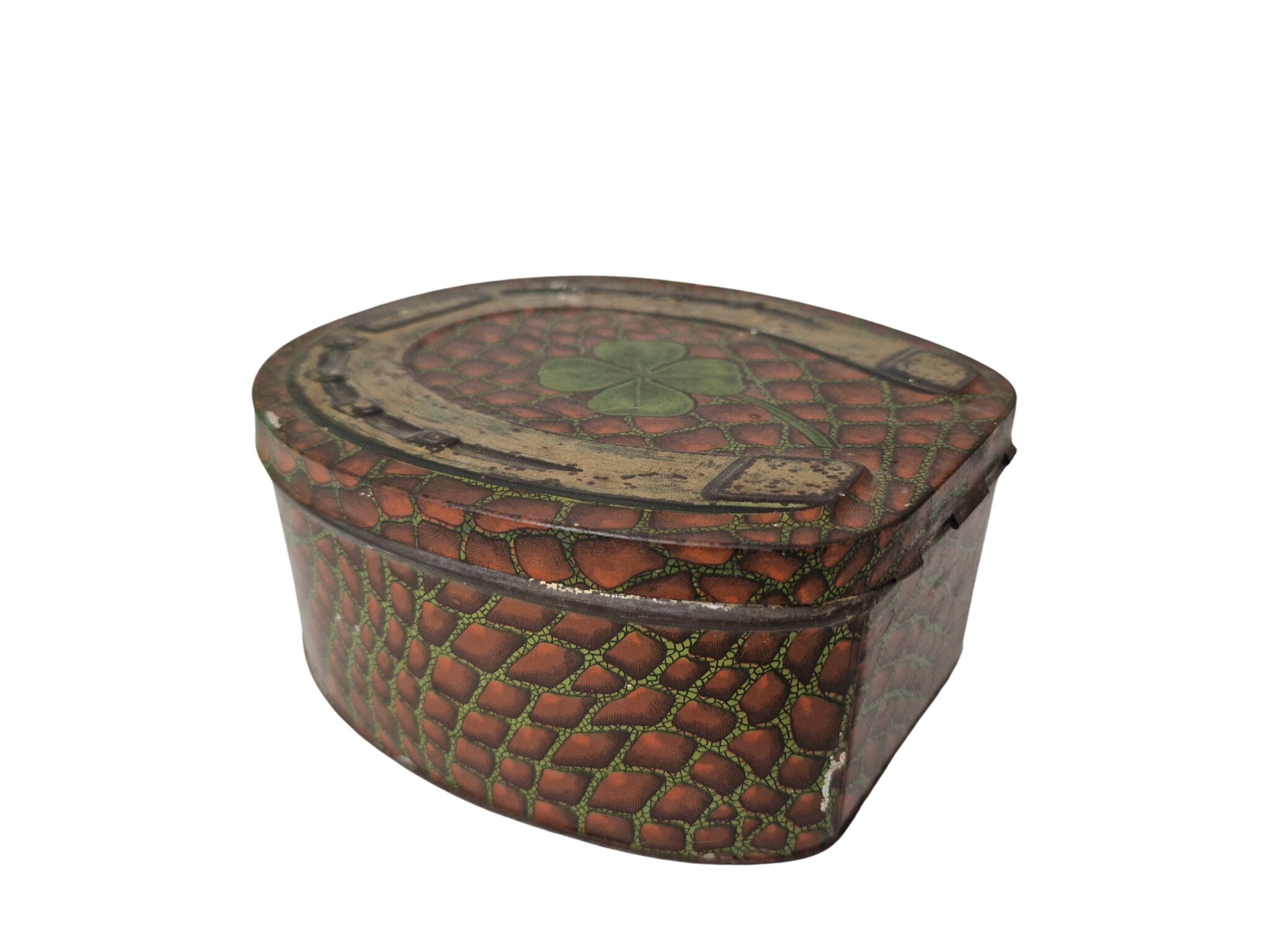 Antique Lucky Horseshoe Candy Tin Box with Four Leaf Clover