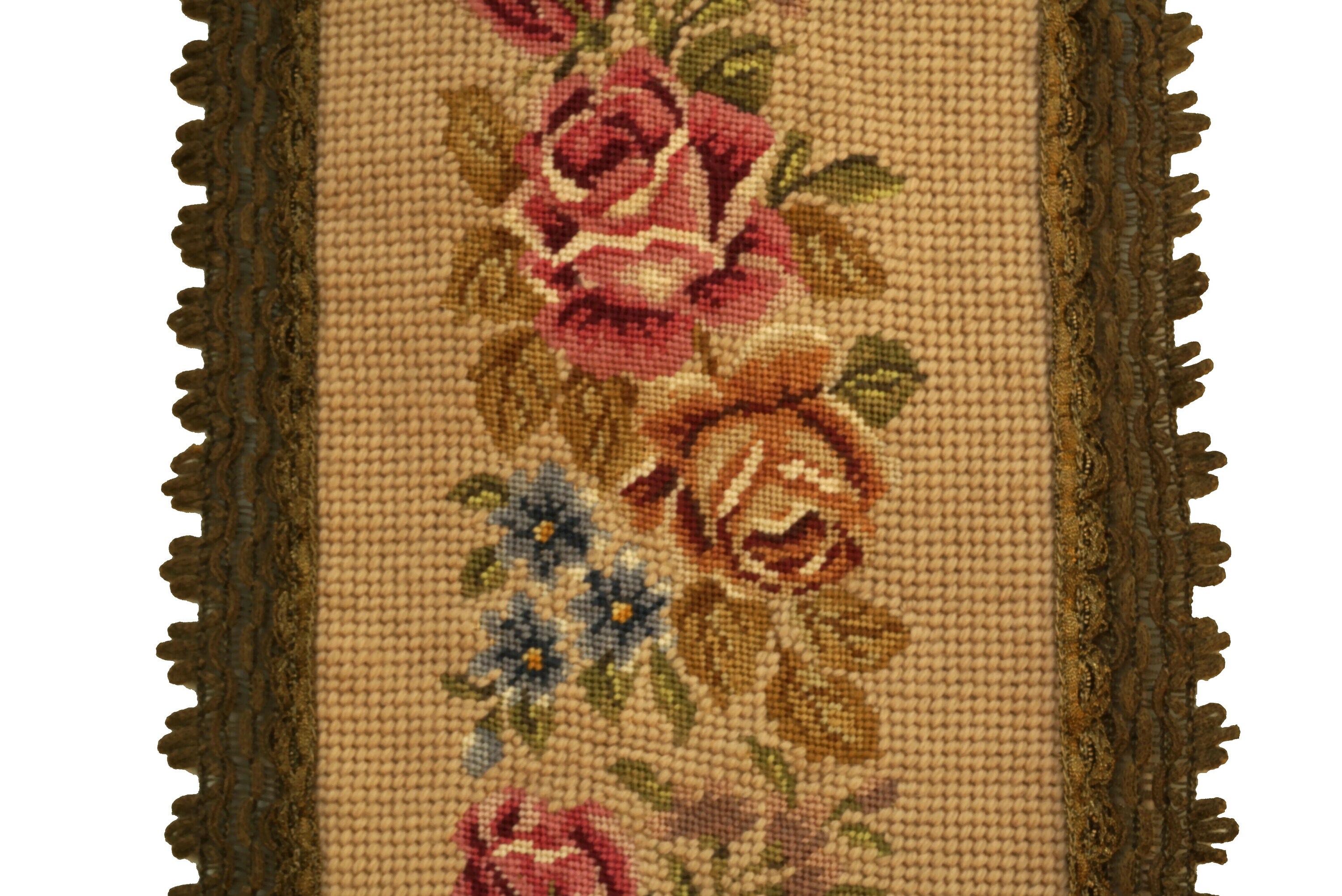 French Rose Tapestry Bell Pull, Vintage Needlework Flower Wall Hanging