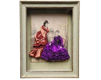 French Victorian Fashion Shadow Box, Antique Diorama with Handmade Fabric Dresses