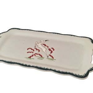 Art Deco Celadon Ceramic Cake Platter by Longwy with Hand Painted Enamel Gazelle, French Faience Snack Tray image 3