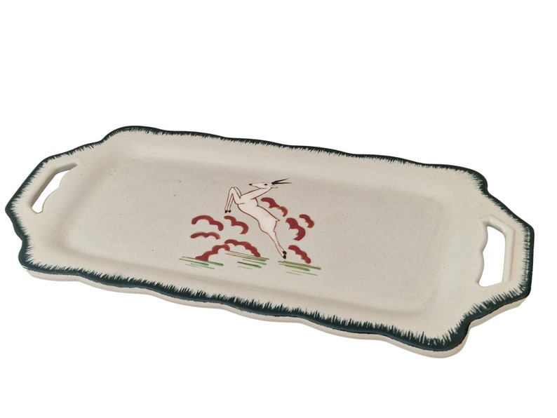 Art Deco Celadon Ceramic Cake Platter by Longwy with Hand Painted Enamel Gazelle, French Faience Snack Tray image 3