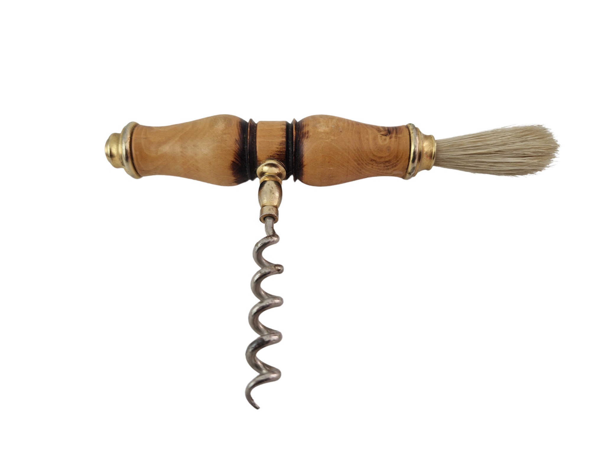 Vintage Wooden handled Corkscrew with Dusting Brush, French Wine Bottle