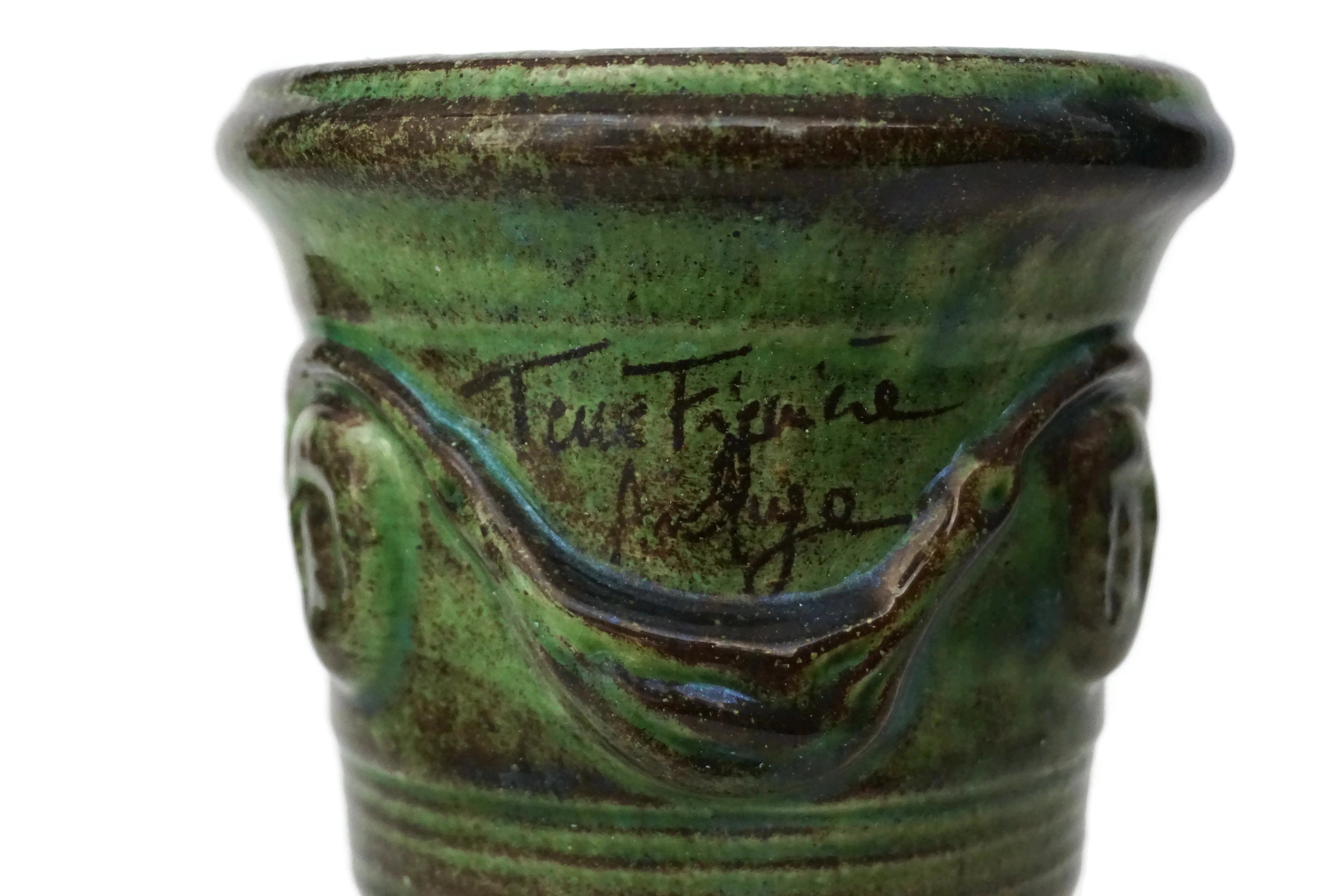 French Anduze Pottery Herb Pot, Small Green Terracotta Urn Vase