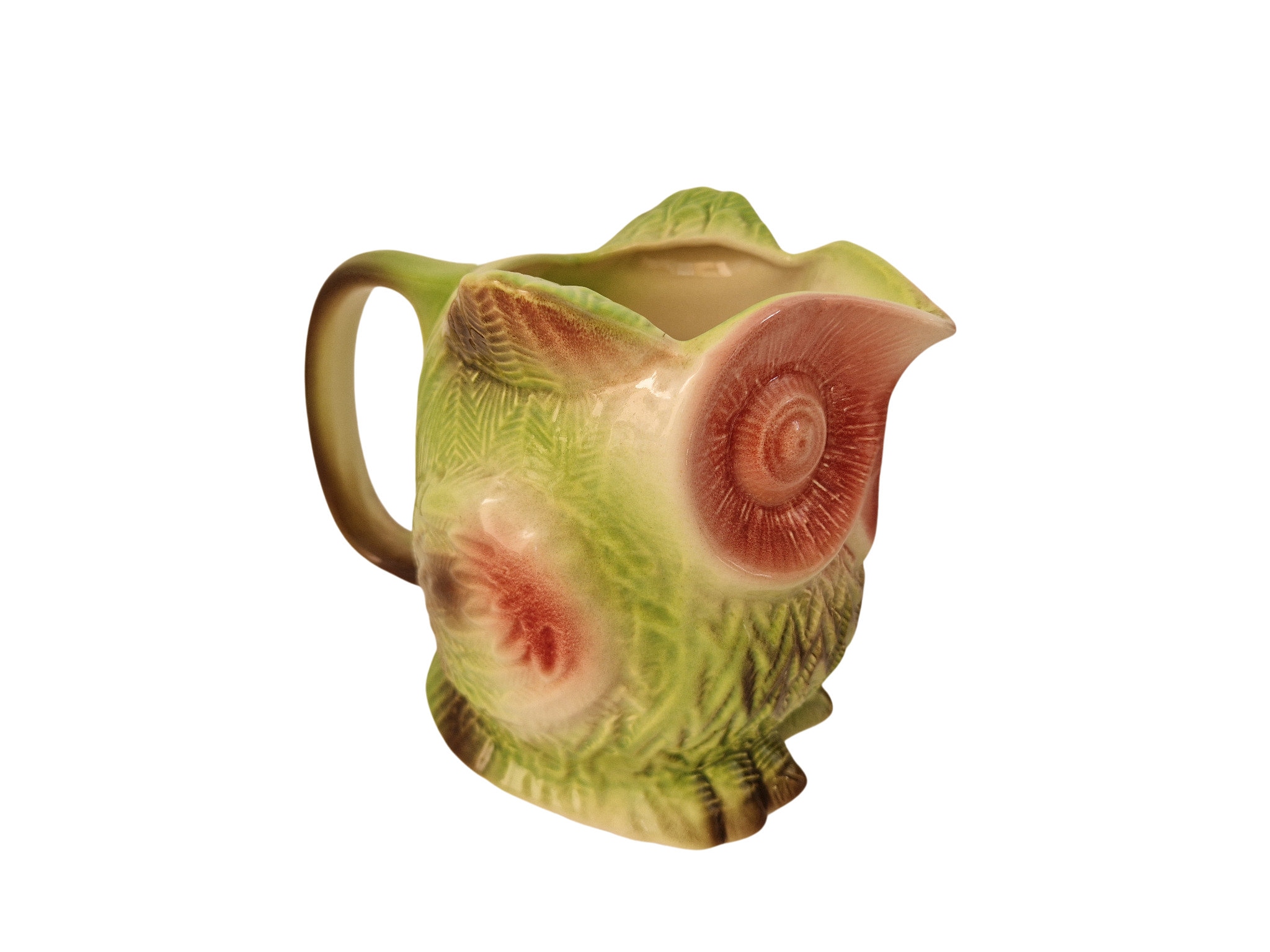 French Vintage Majolica Owl Pitcher, Luneville Ceramic Figural Animal