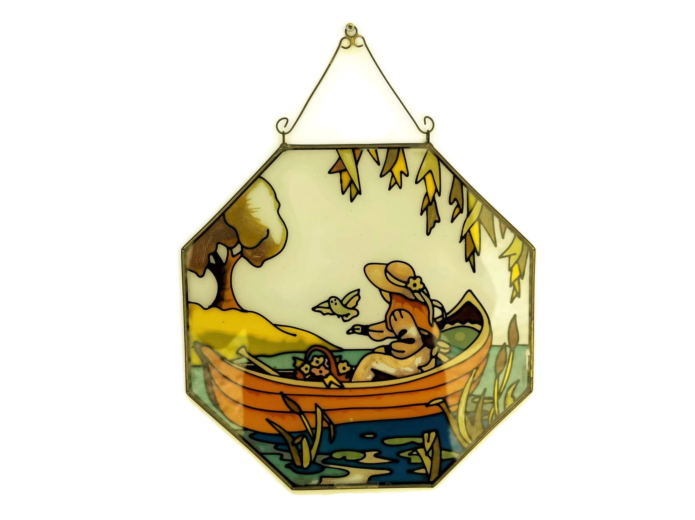 Vintage Stained Glass SunCatcher. Hand Painted Glass Picture of Girl In