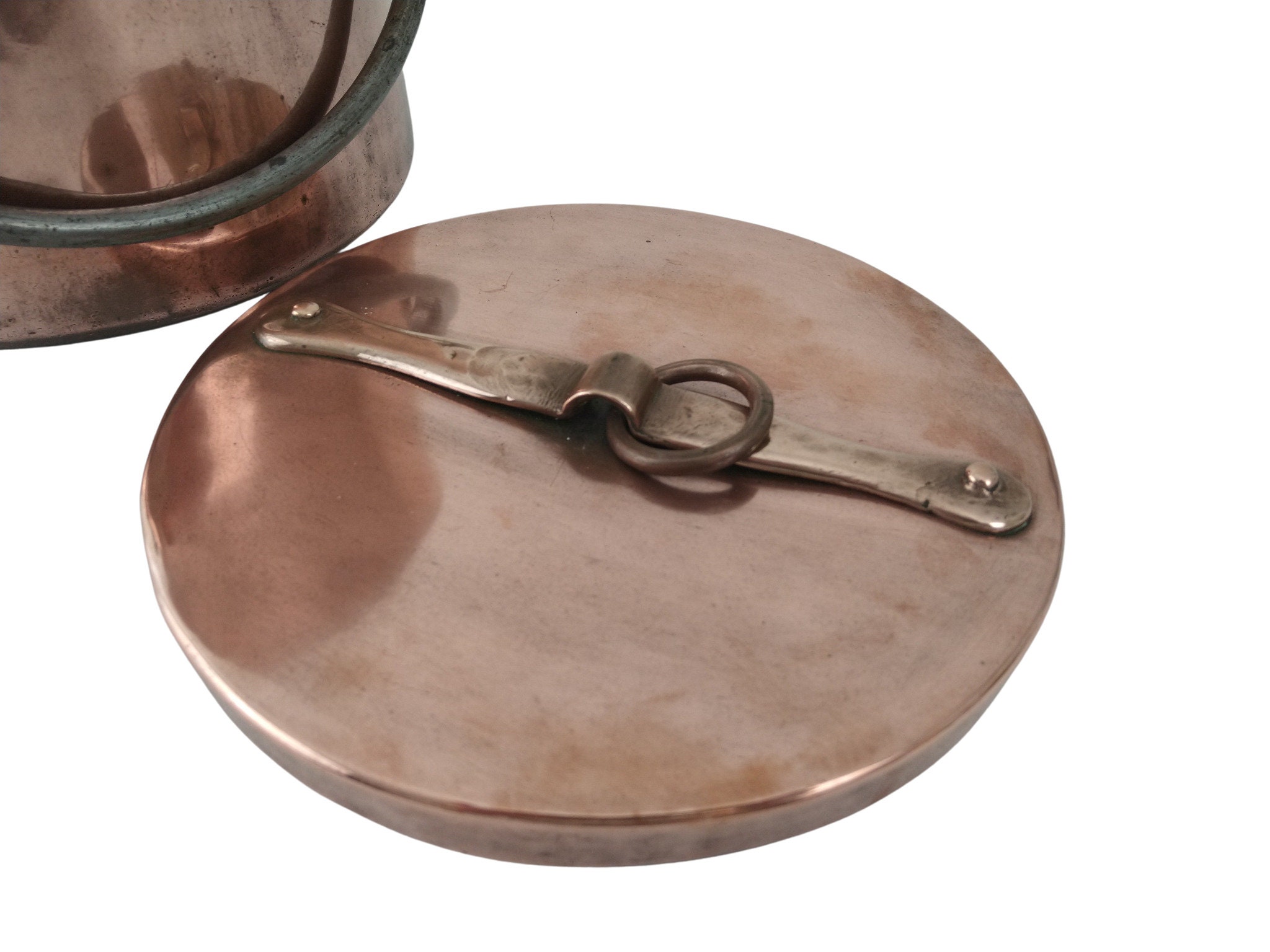 Antique French Copper Cauldron with Lid, Rustic Country Kitchen Cookware and Decor