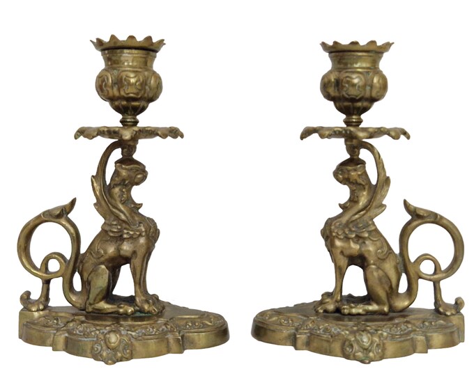 French Bronze Griffin Candle Holders, Pair of 19th Century Ornate Mythological Candlesticks