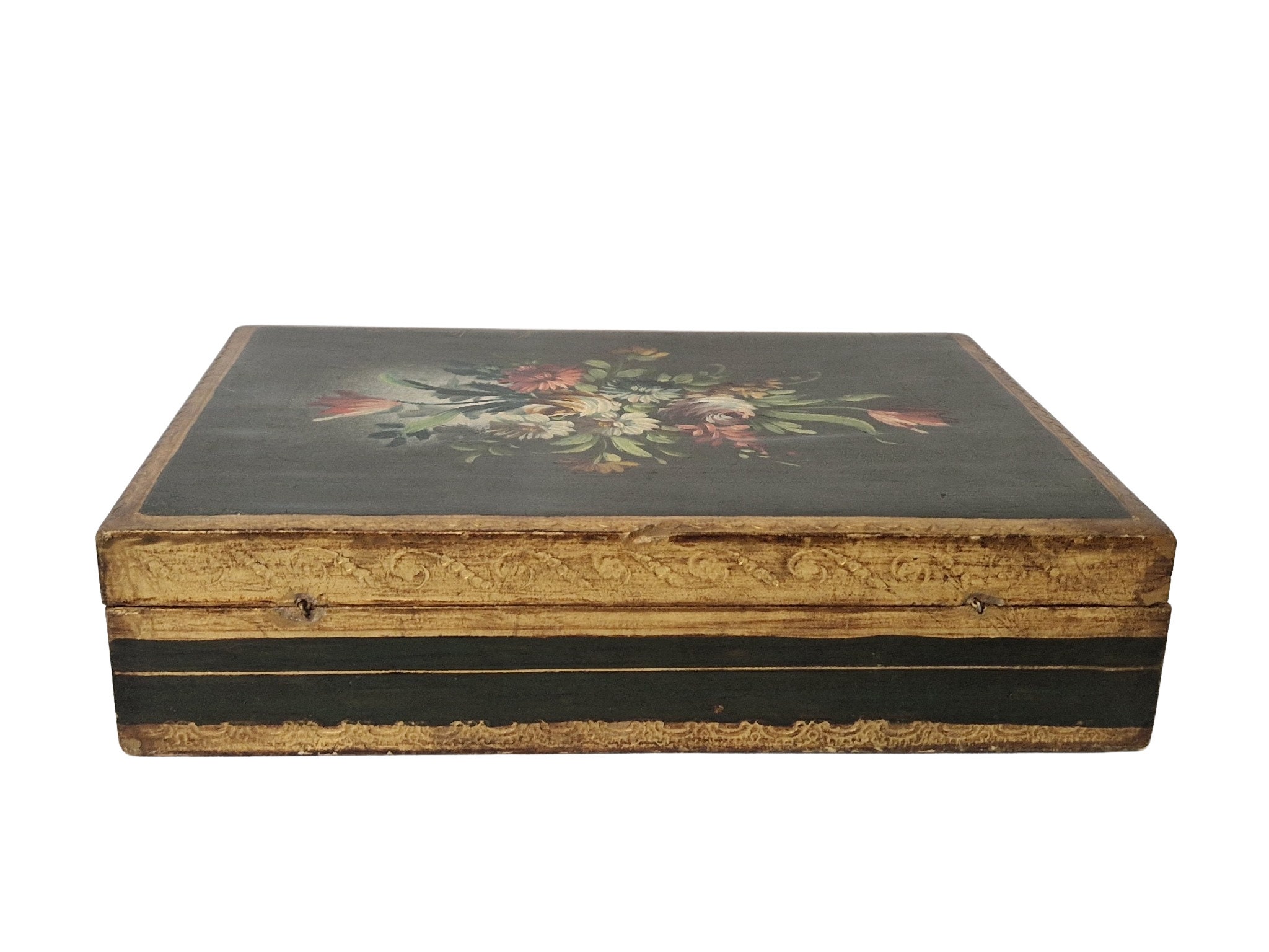 RESERVED for Lauren. Hand Painted Florentine Wooden Jewelry Box with