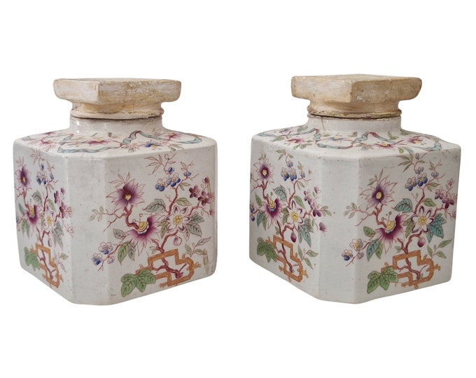 Antique French Bathroom Storage Canisters, Set of 2, Chinoiseries Style Jars by Sarreguemines