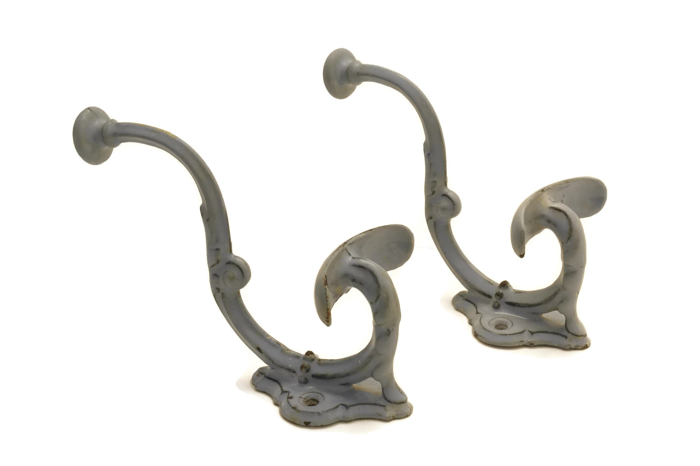 French Blue Enamel Coat Hooks Pair. Antique Shabby Home Decor. Rustic