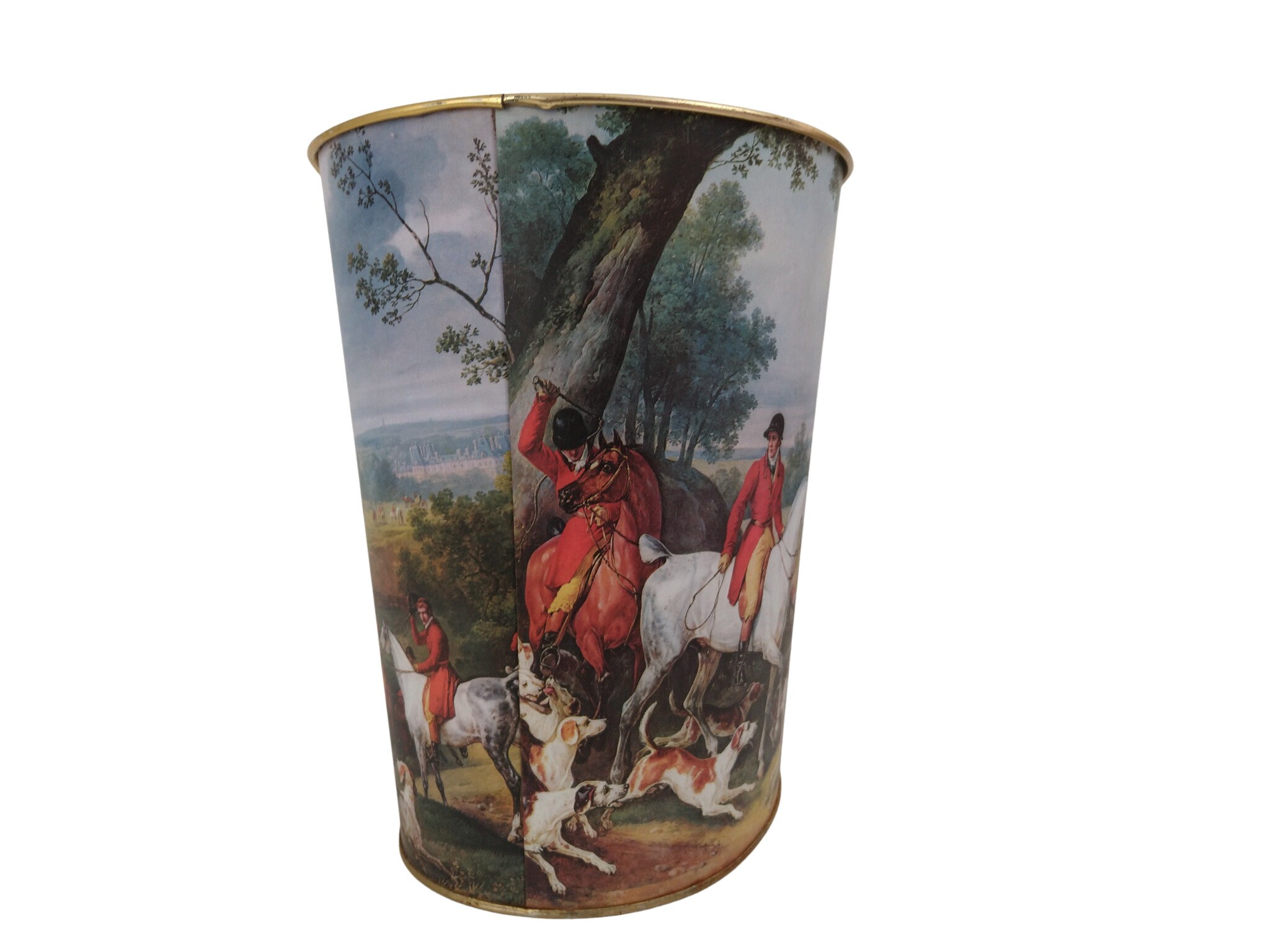 Vintage French Tole Waste Basket with Fox Hunting Scene by Massilly