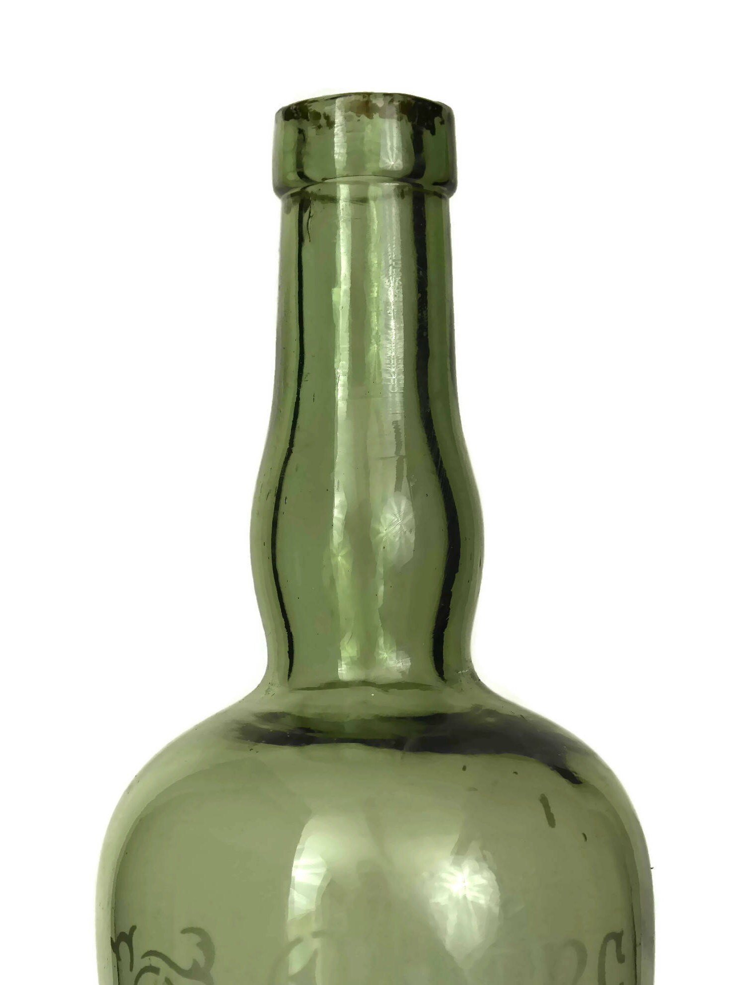 Antique Rum Bottle. Etched Green Glass Rhum Blanc Bottle. French