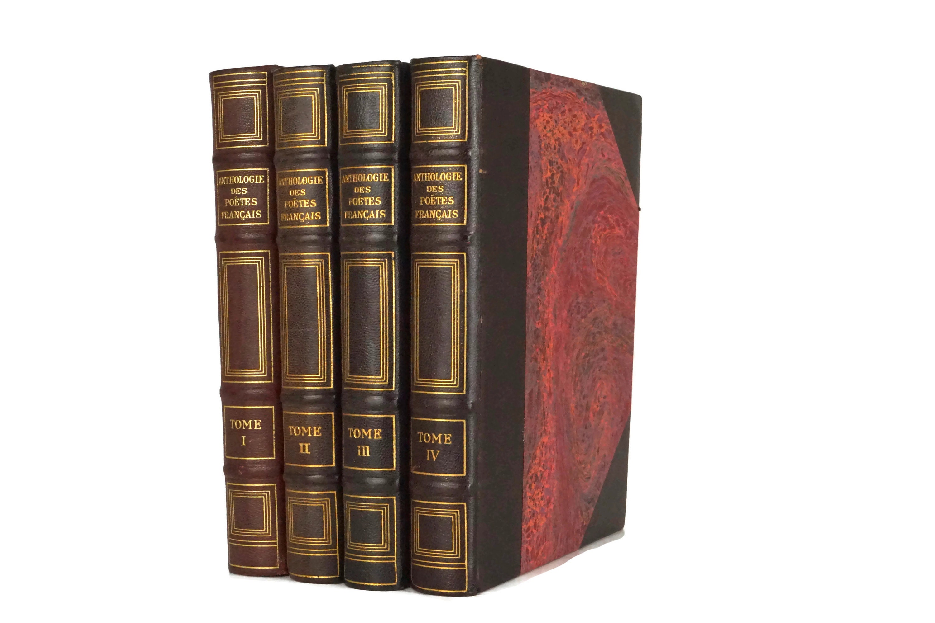 Antique French Poetry Book Collection, Leather Bound Books, Library Decor