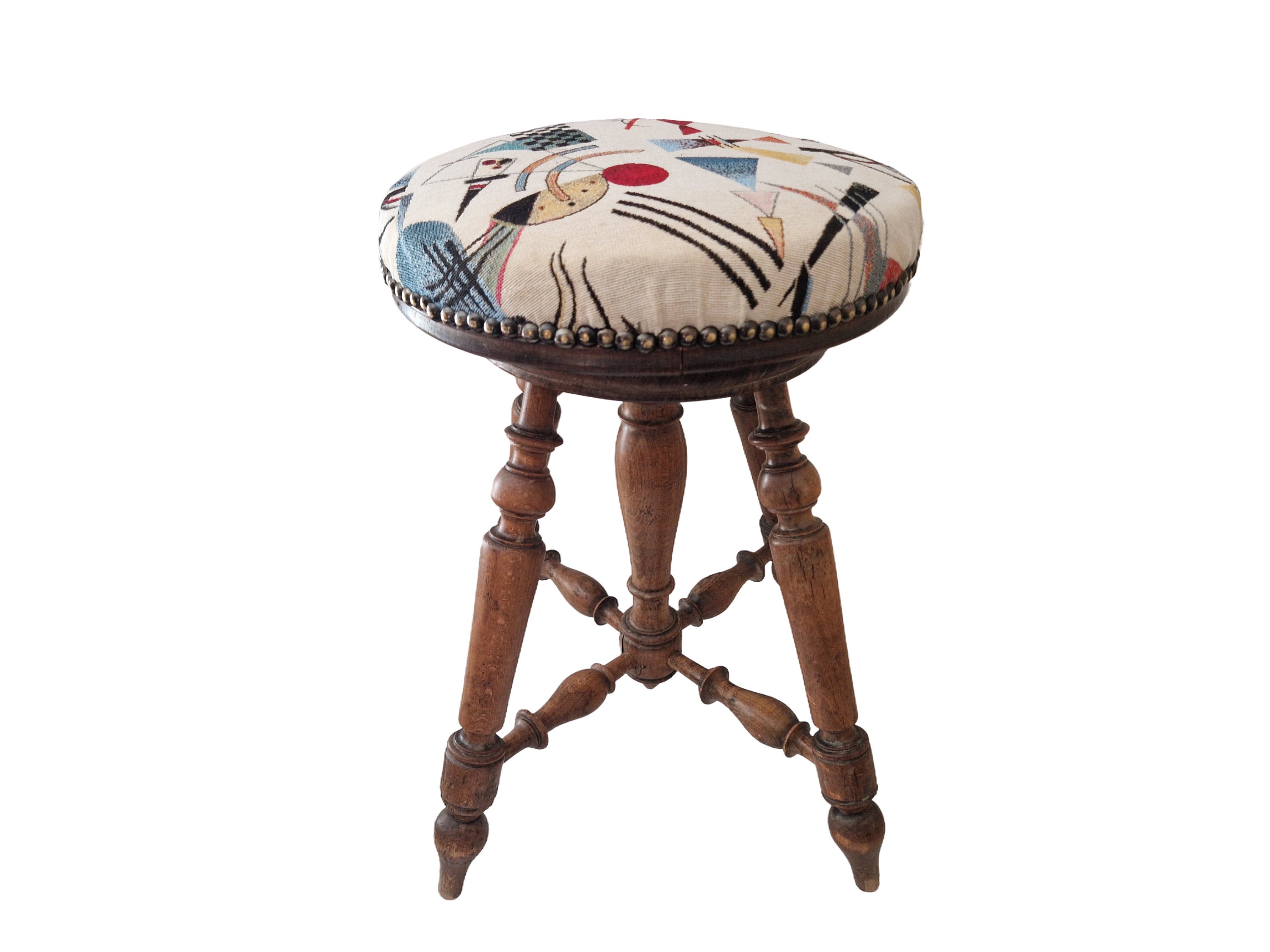 French Antique Piano Stool with Modernist Abstract Tapestry Seat, Music