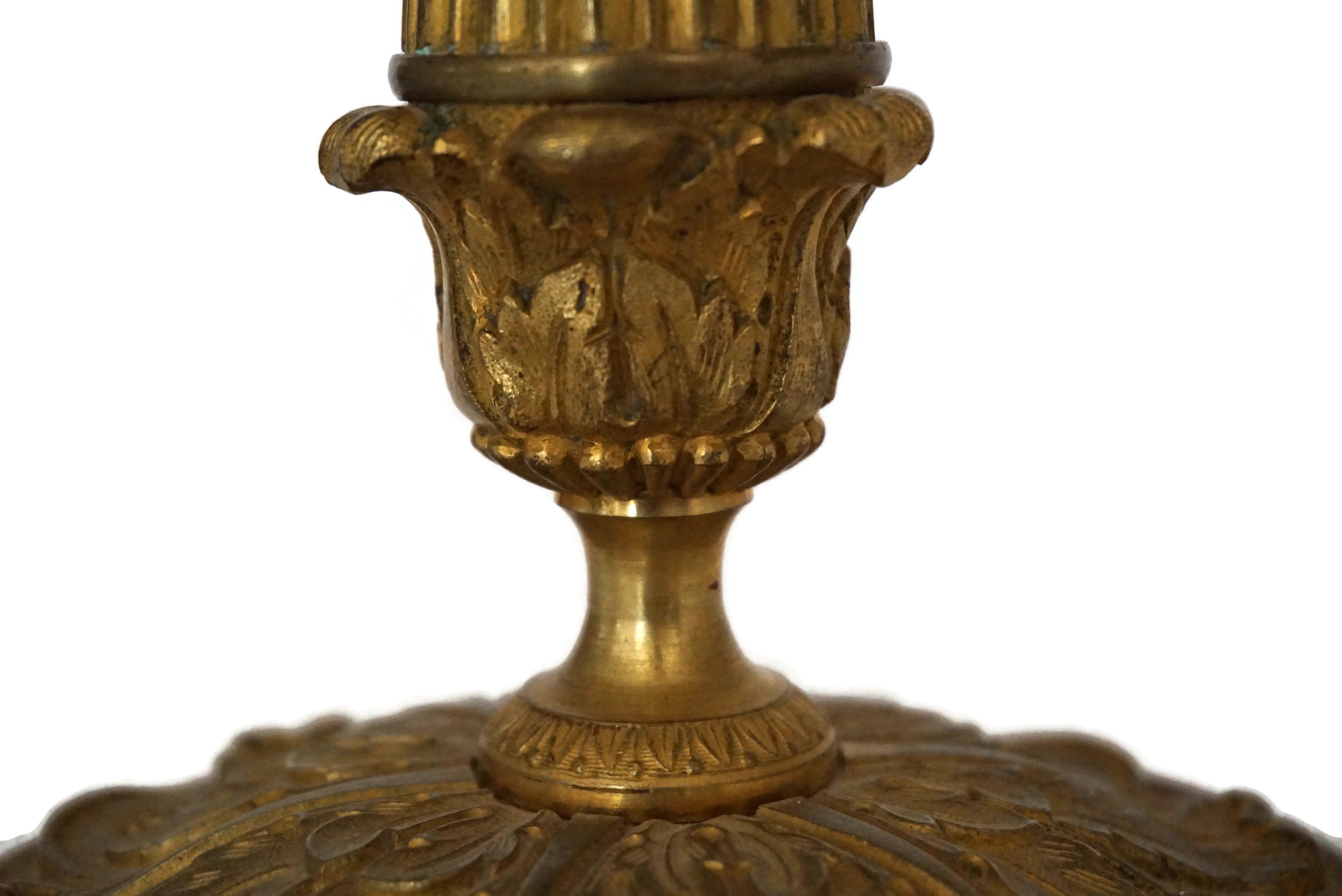 Antique French Bronze Column Candle Holder with Palm and Acanthus Leaf