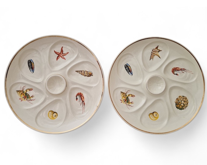 Mid Century French Ceramic Oyster Plates with Seafood and Shellfish Transferware by Salins, A Pair