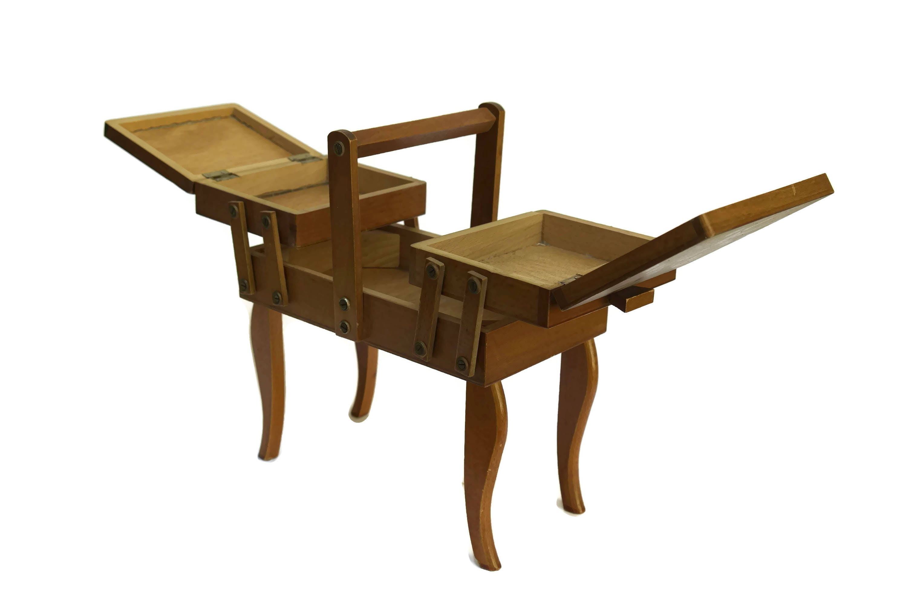 Vintage Folding Sewing Box. French Wooden Accordion Sewing Kit. Gift