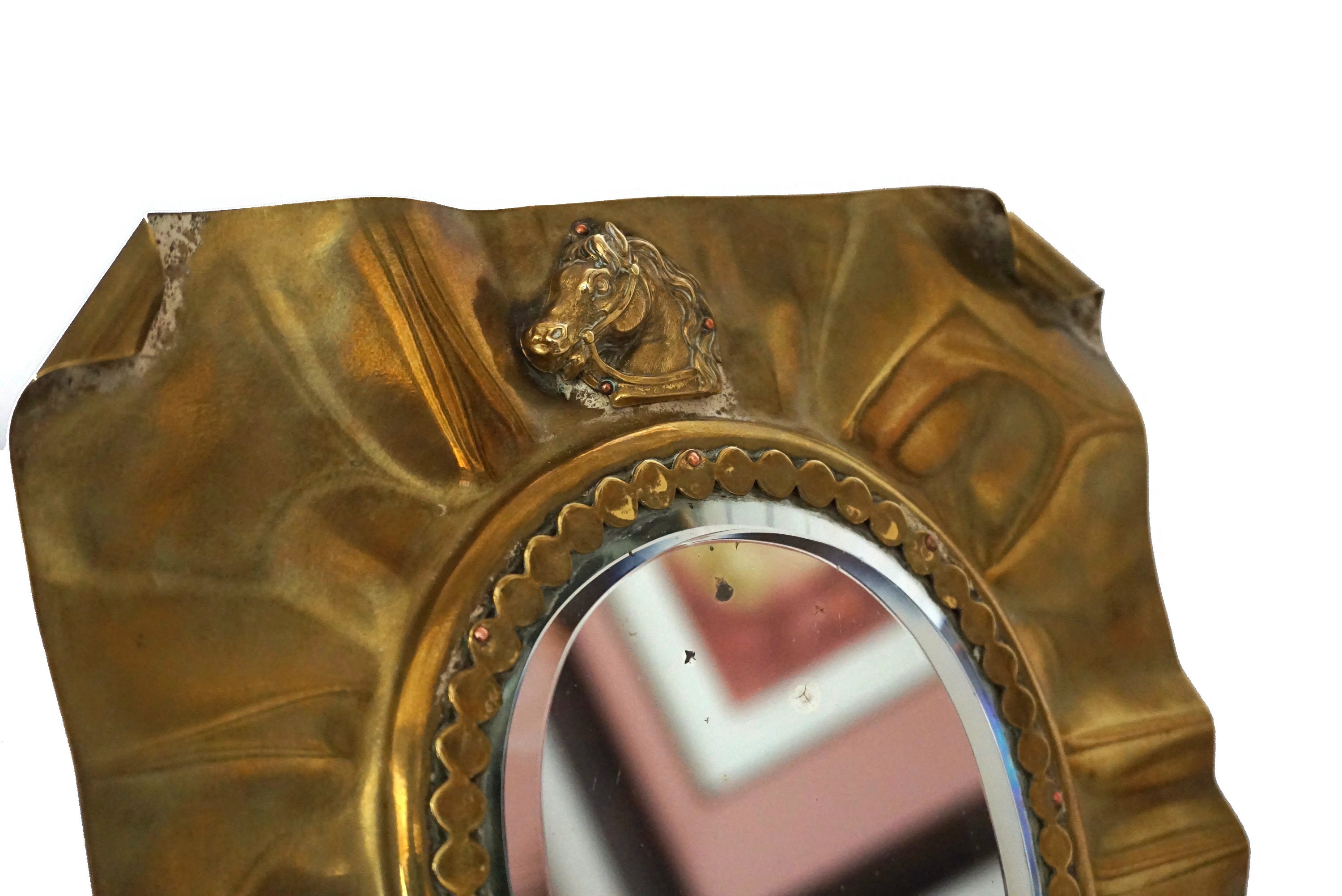 French Antique Brass Horse Mirror with Bevelled Glass, Equestrian Home Decor