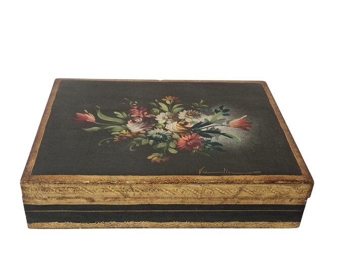 Hand Painted Florentine Wooden Jewelry Box with Flowers Motif, Vintage Floral Vanity Trinket