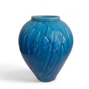 Mid Century Asian Turquoise Blue Ceramic Vase with Bamboo Leaf Decor image 2