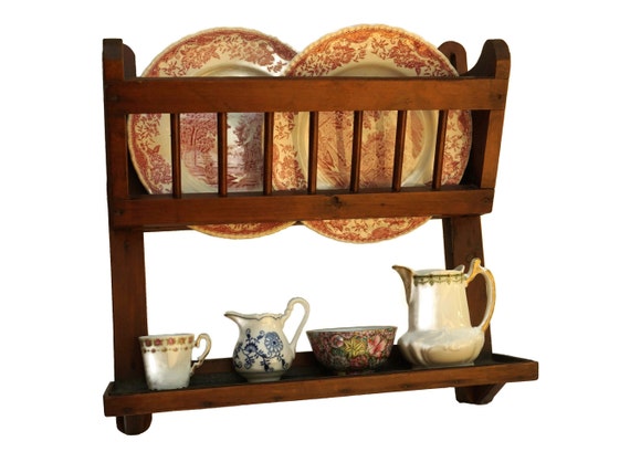 Antique Wooden Hanging Plate Rack Wall Mounted French Dish