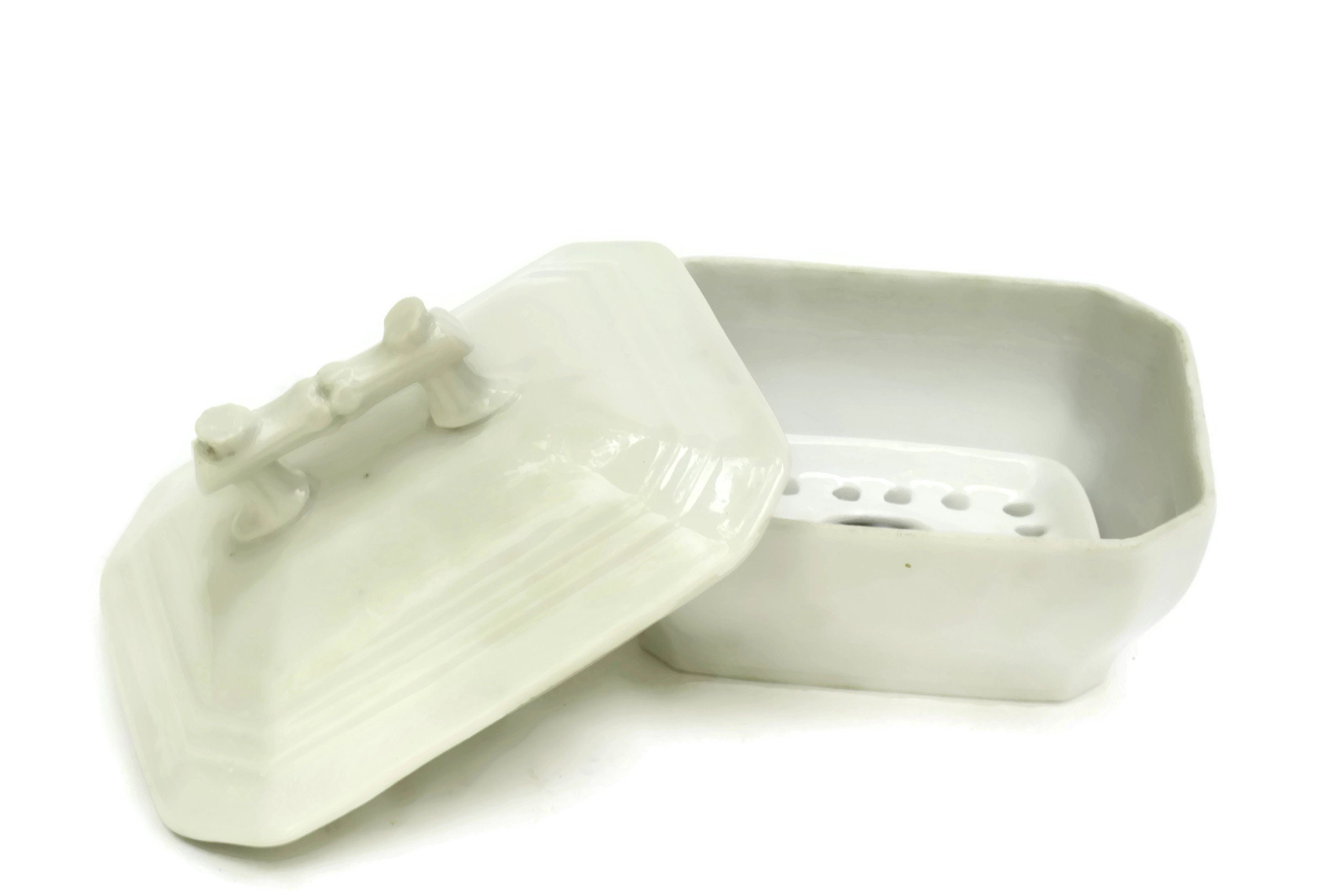 Antique White Porcelain Soap Dish with Lid.