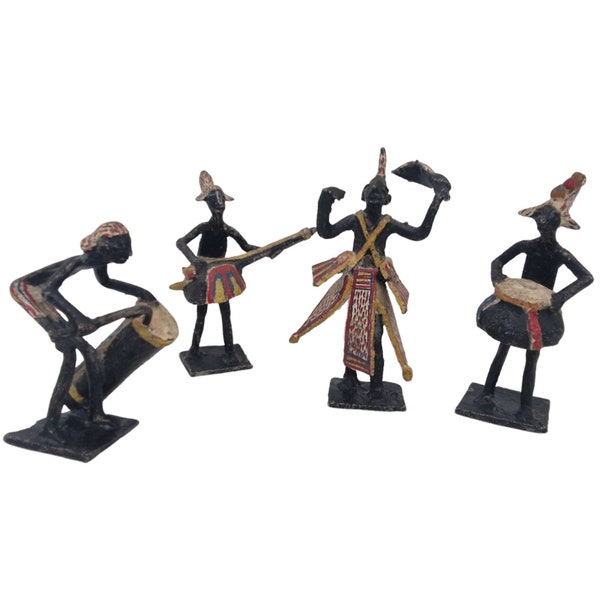 Figurines de musicien tribal africain Akan Ashanti, lot de 4 statues d'art populaire peintes à la main