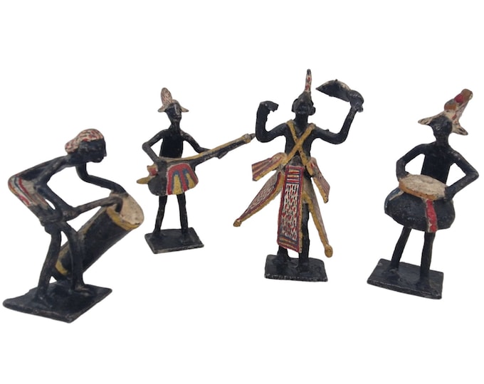 Akan Ashanti African Tribal Musician Figurines, Set of 4 Hand Painted Folk Art Statues