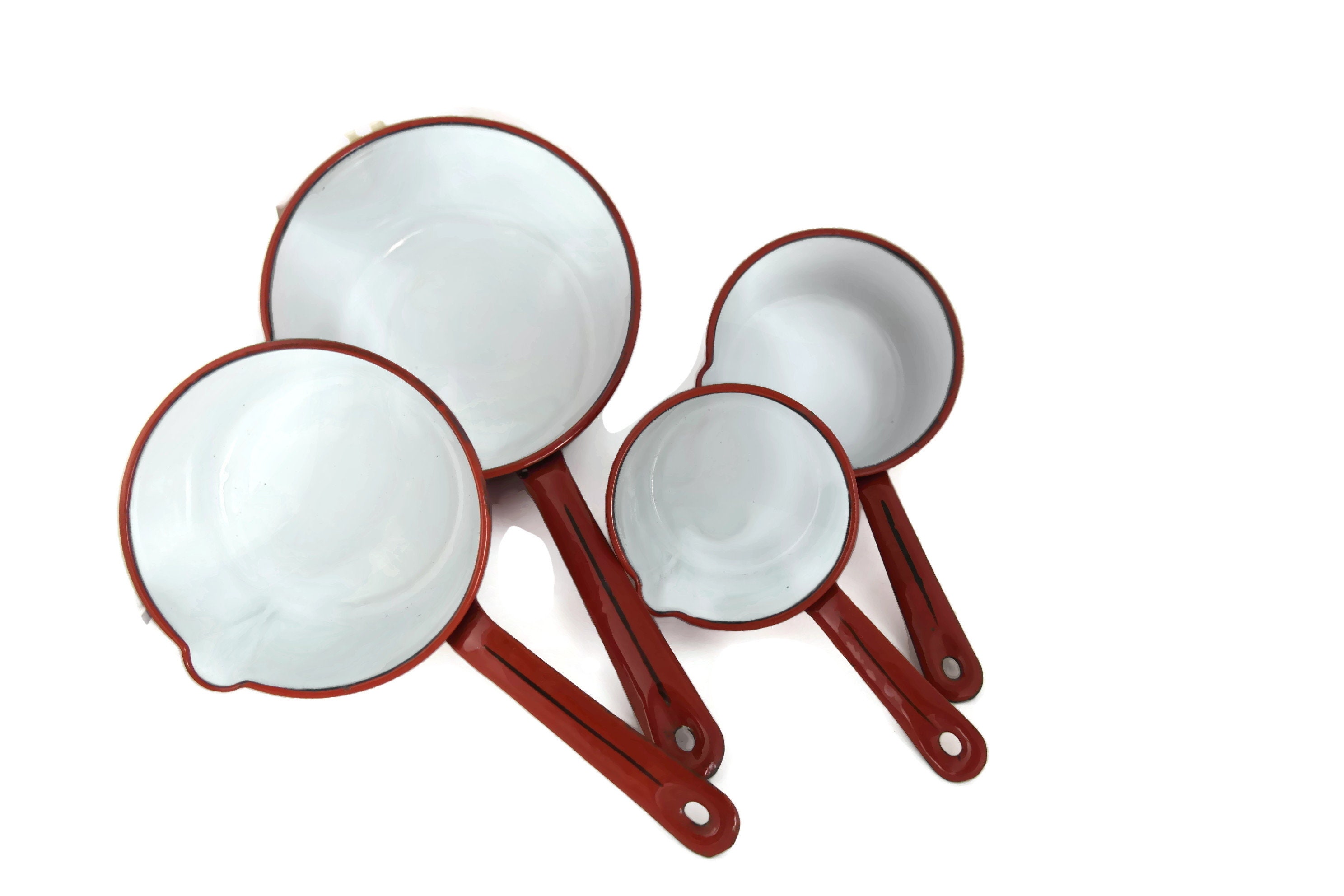French Enamel Red Saucepan Set, Art Deco Kitchen Decor, Vintage Foodie