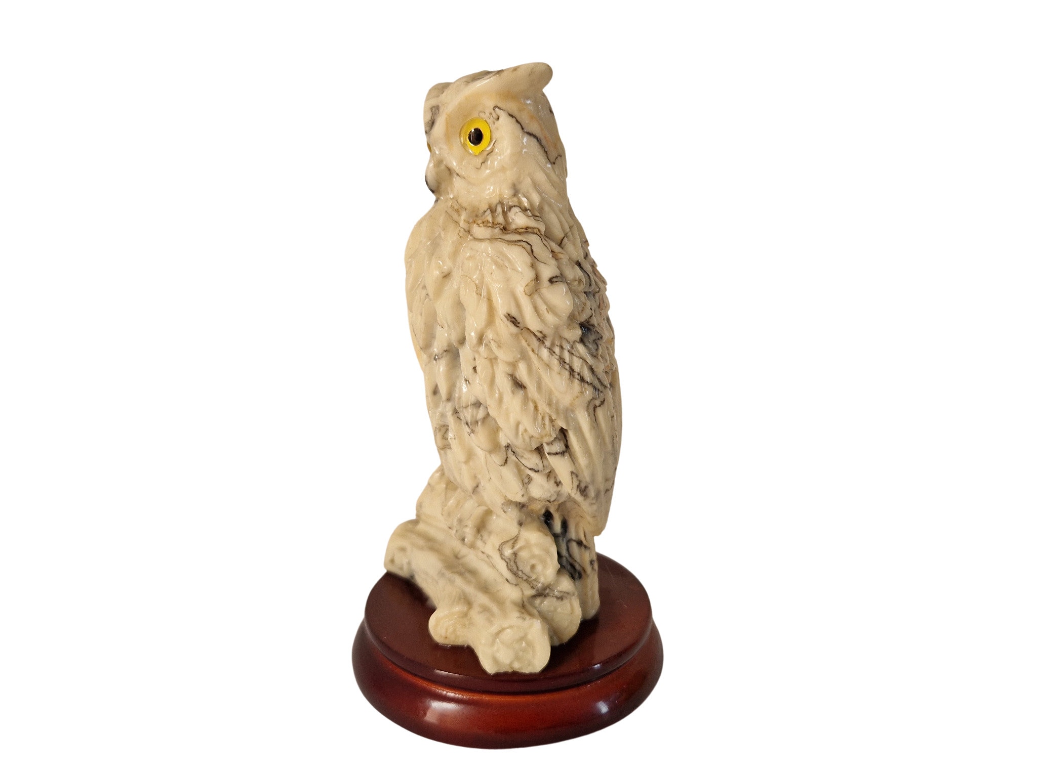 Resin Owl Figurine with Glass Eyes, Collectible Marble Effect Bird Statue