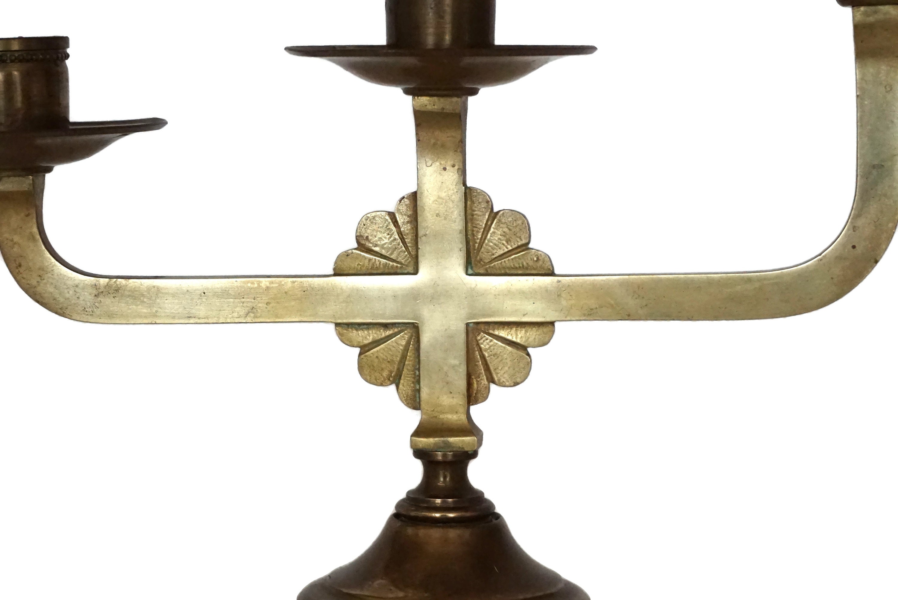 Brass Candelabra with Cross, 3 Branch Church Altar Candlestick Holder