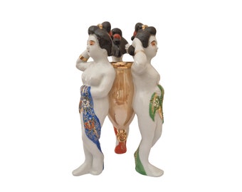 Vase japonais vintage en porcelaine avec 3 Geishas du début du 20e siècle - Art érotique et détails dorés