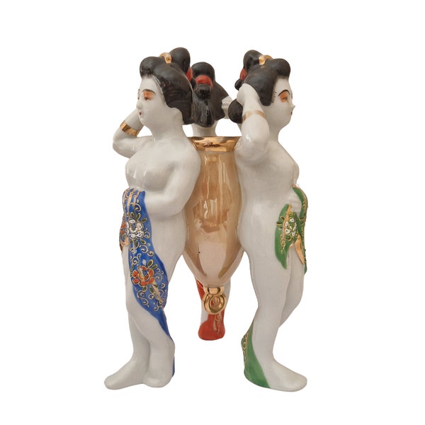 Vase japonais vintage en porcelaine avec 3 Geishas du début du 20e siècle - Art érotique et détails dorés