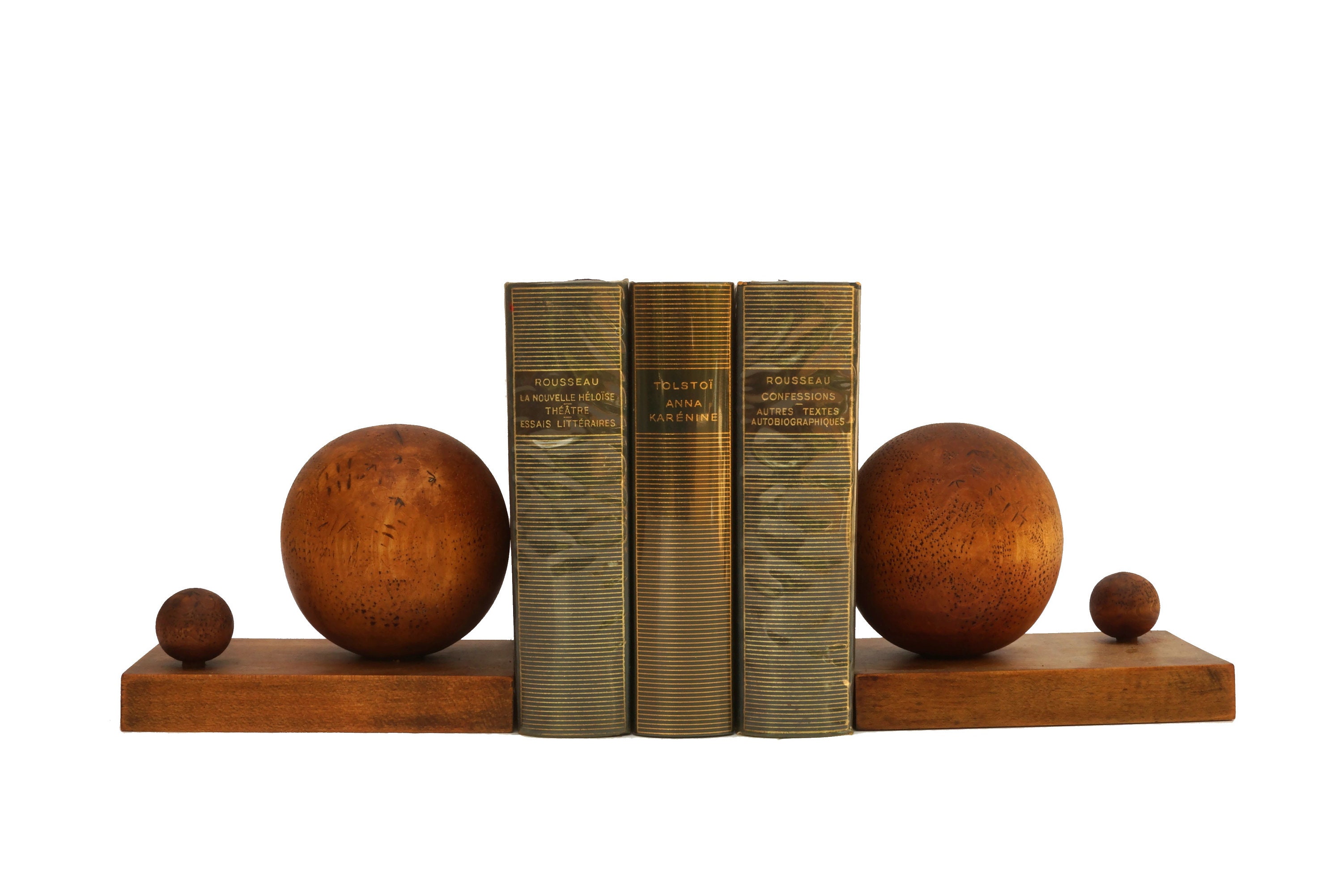 Art Deco Hand Carved Wooden Bookends with Orb Globes, French Office and