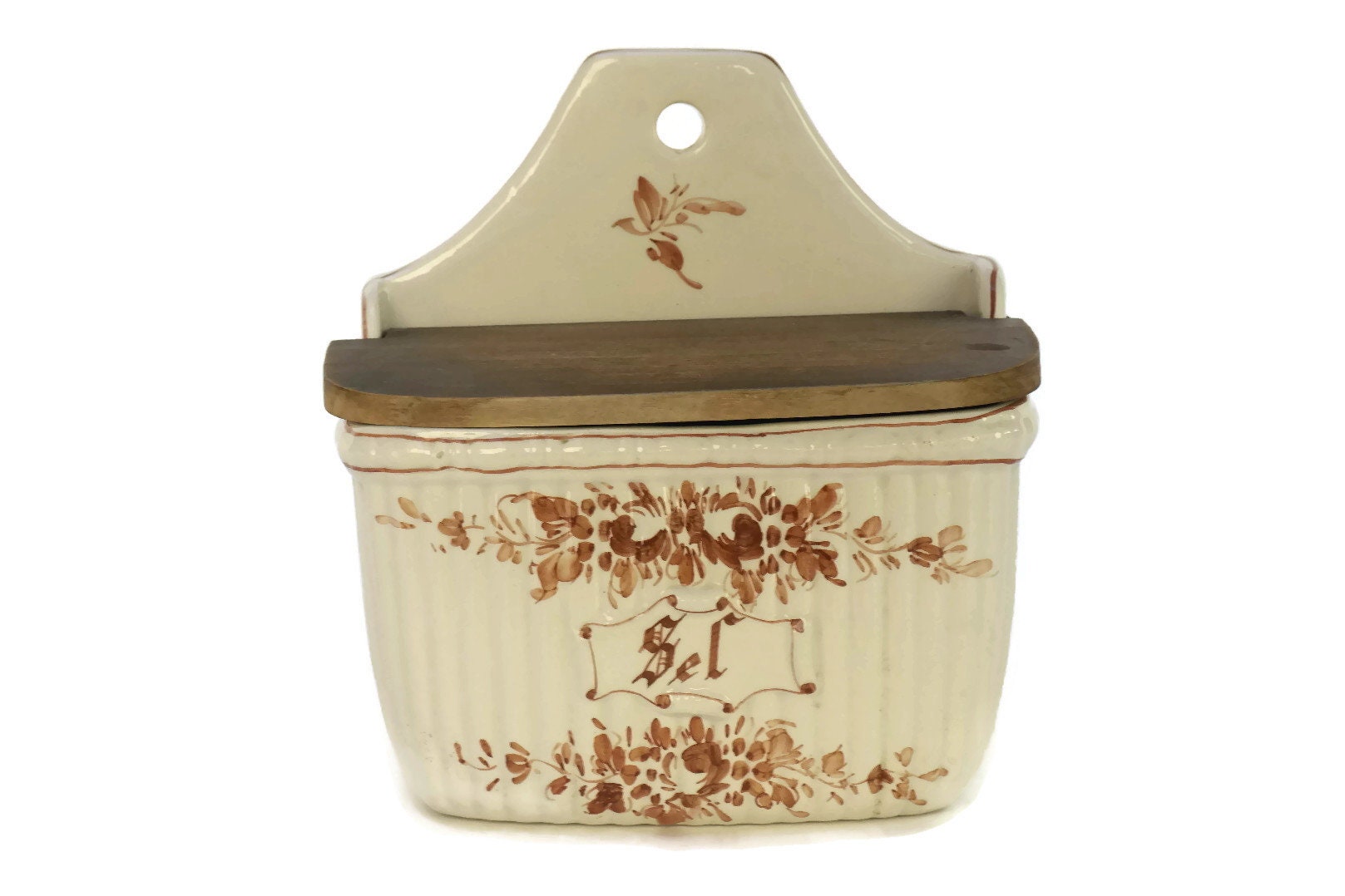 French Antique Porcelain Salt Box, Hand Painted Ceramic Cellar, Brown