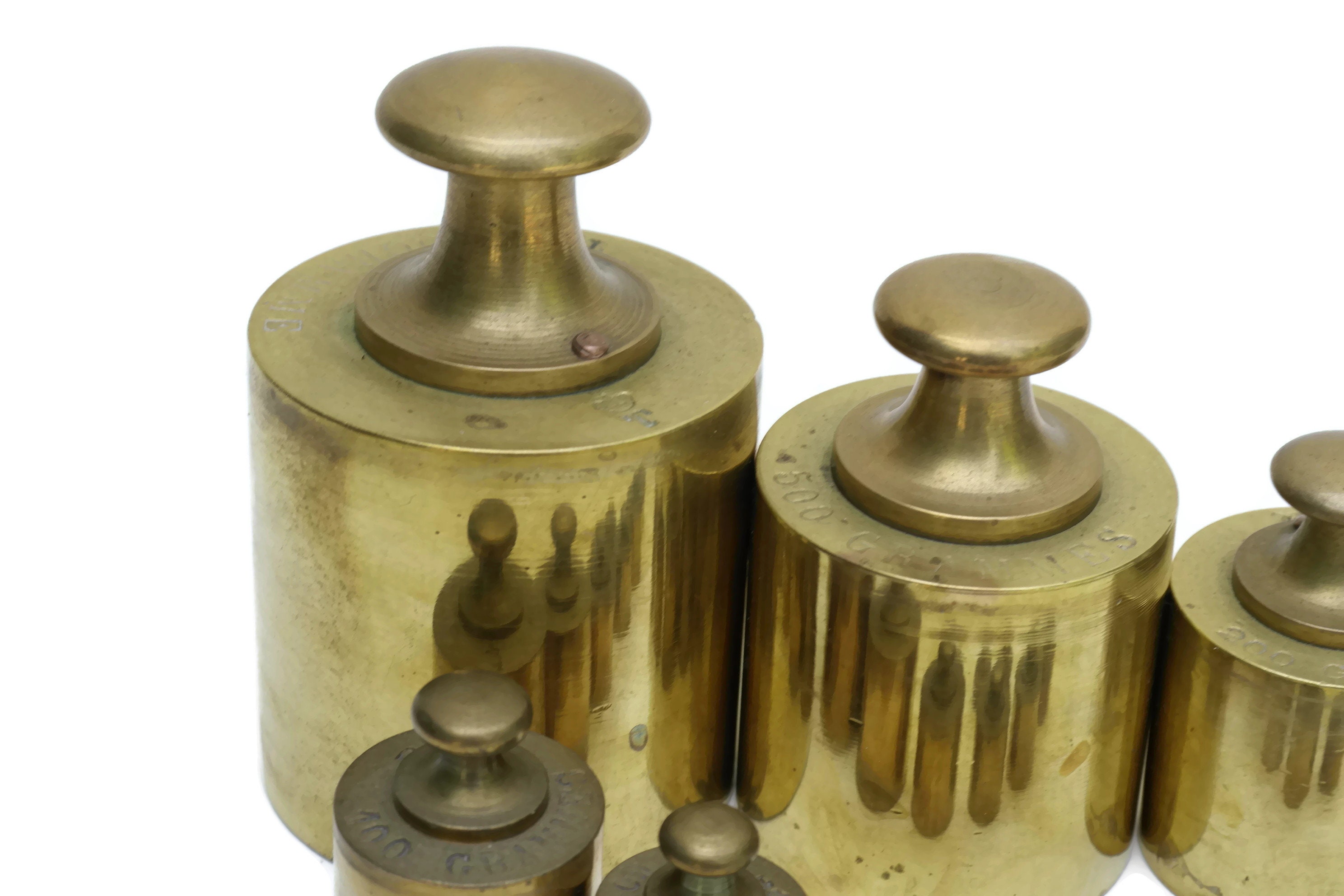 French Brass Weights with Wooden Block Holder. Antique Measuring Scale